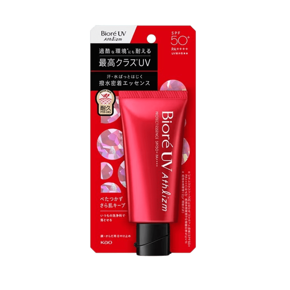 Biore UV Athlizm Protect Essence 70g high-performance sunscreen with Tough Boost technology for long-lasting bright skin