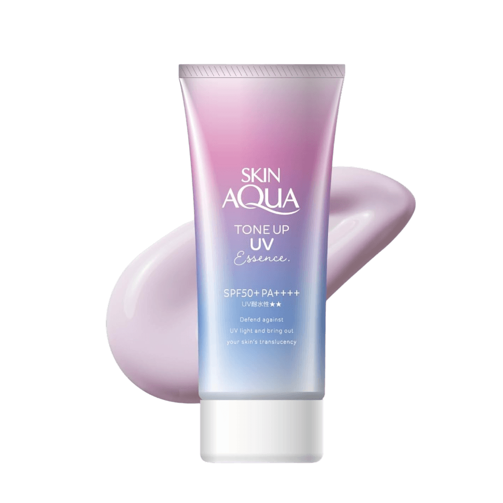 Skin Aqua Tone Up UV Essence Tinted Sunscreen Lavender 80g color correcting lavender sunscreen that brightens skin tone with lightweight UV protection